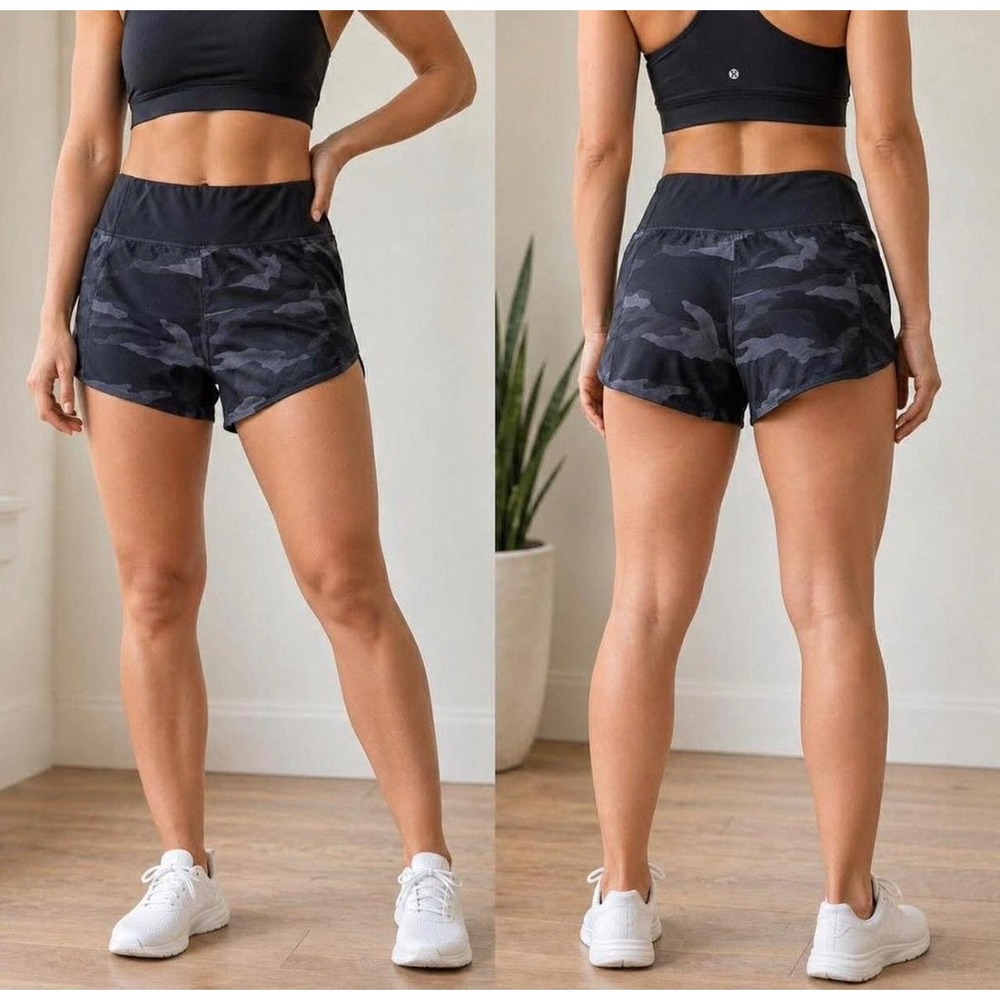 Athleta Mesh Racer Run Short Camo Gray Black Athletic Workout Shorts XS